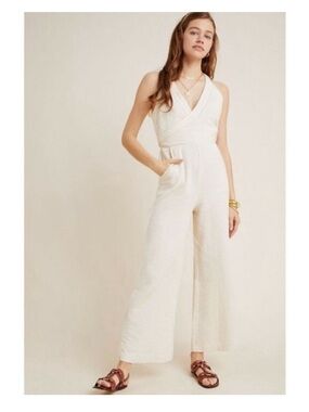 Anthropologie Cream Sleeveless Jumpsuit with Peach Trim